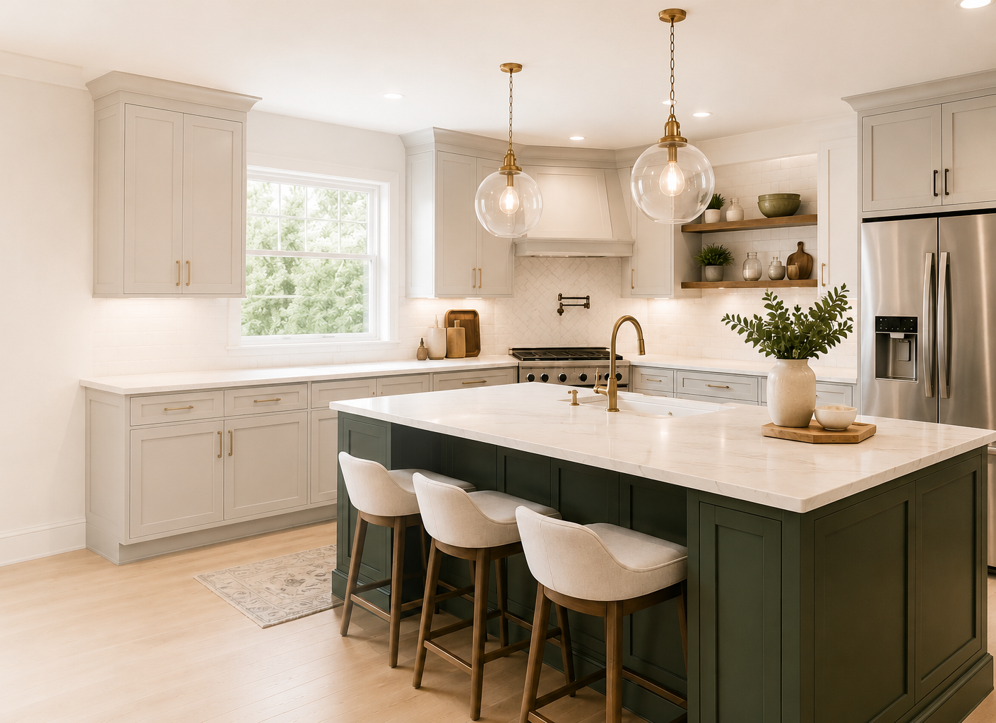 Bright white kitchen with island