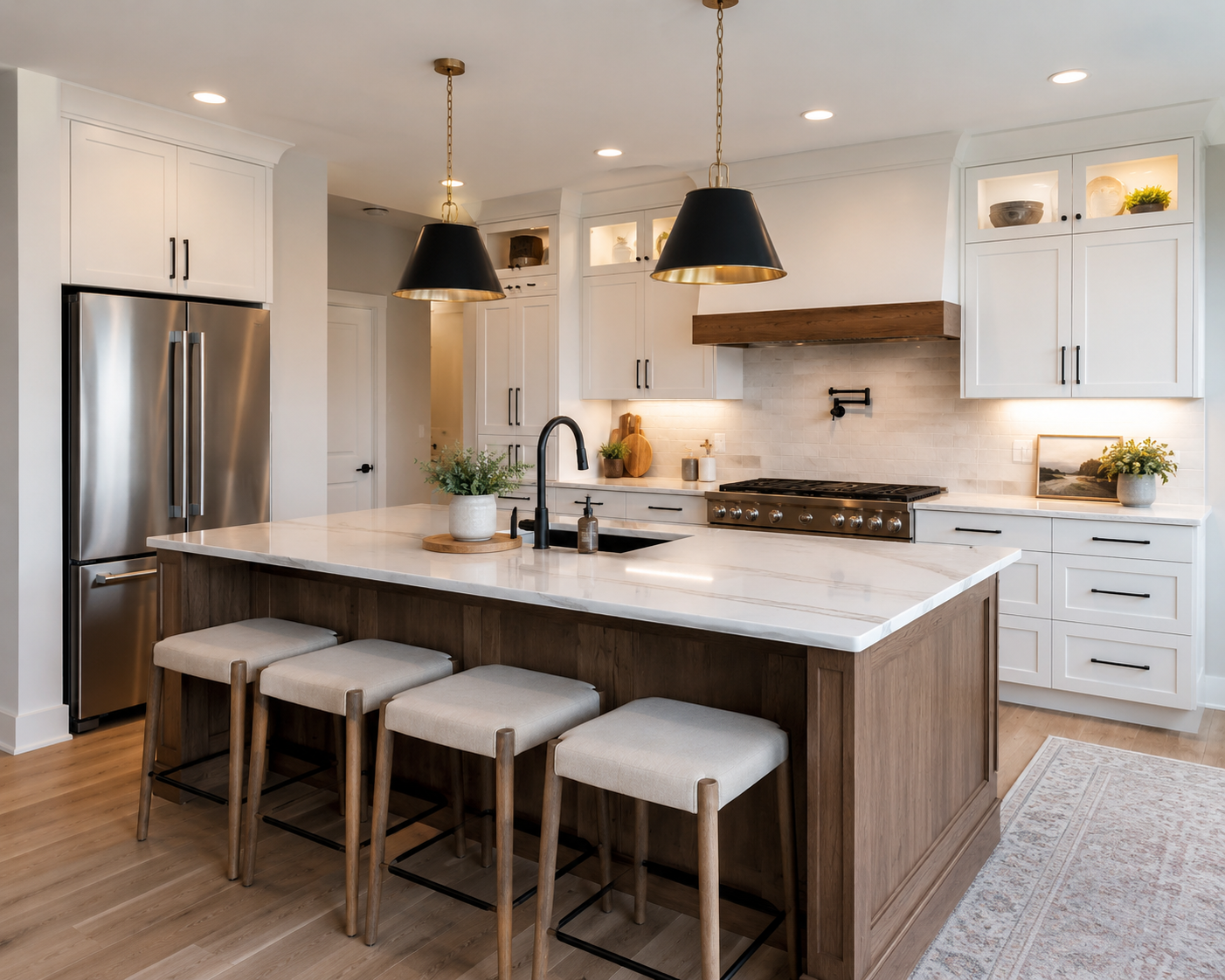 White kitchen with pendant lights