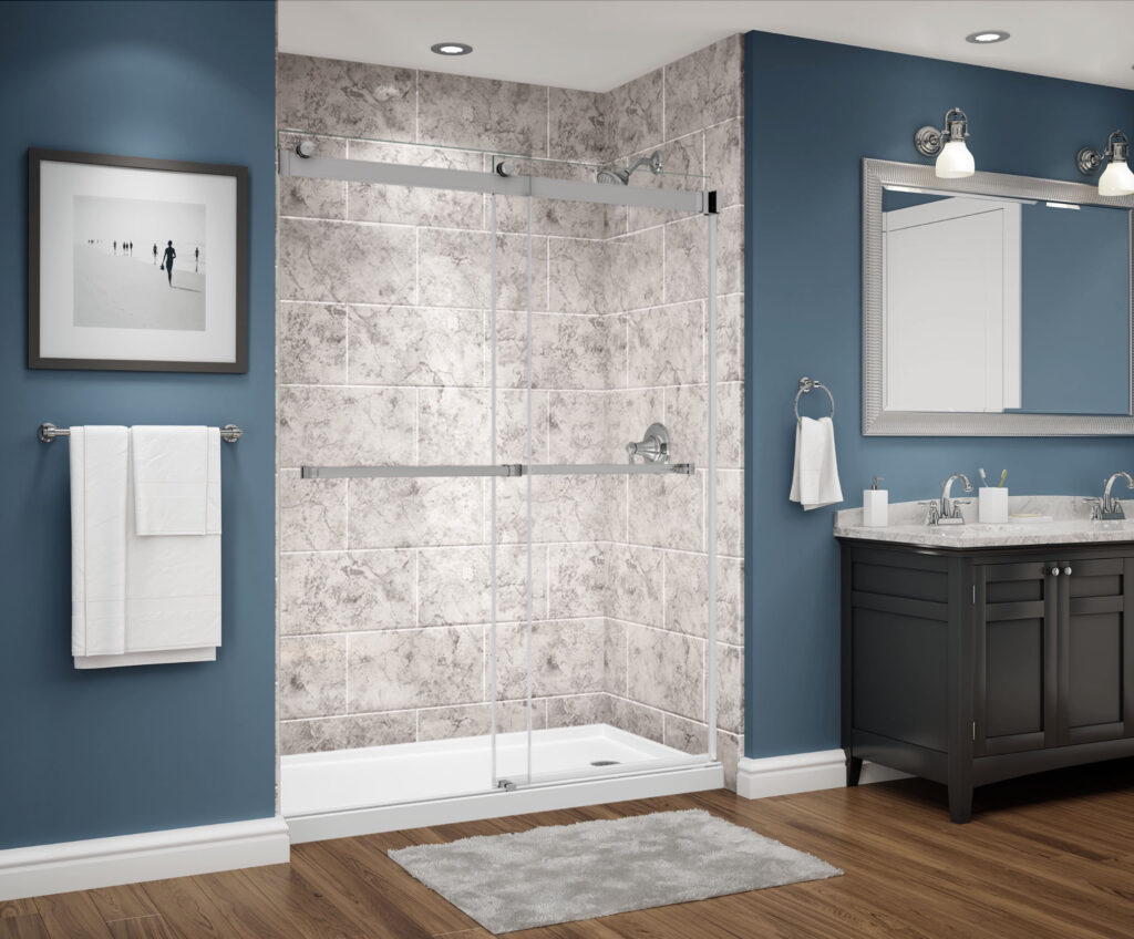 Limestone Subway tile tub to shower conversion company near detroit michigan